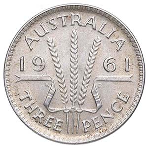 1961 (m). Australia. 3 Pence. KM 57. Ag. ... 
