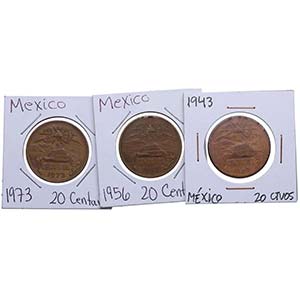 1943 a 1973. México. Lote de 3 monedas: 20 ... 