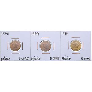 1970, 74 y 76. México. Lote de 3 monedas: 5 ... 