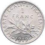 1919. Francia. 1 Franc. KM 844.1. Ag. 5,05 ... 