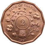 1987. Uganda. 2 Shillings. KM 28. Cu. 7,96 ... 