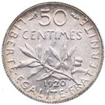 1920. Francia. 50 Centimes. KM 854. Ag. 2,52 ... 