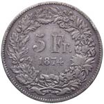 1874. Suiza. B . 5 francos. Ag. ESCASA. MBC. ... 