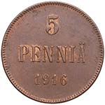 1916. Finlandia. 5 Pennia. Ae. 6,42 g. SC. ... 