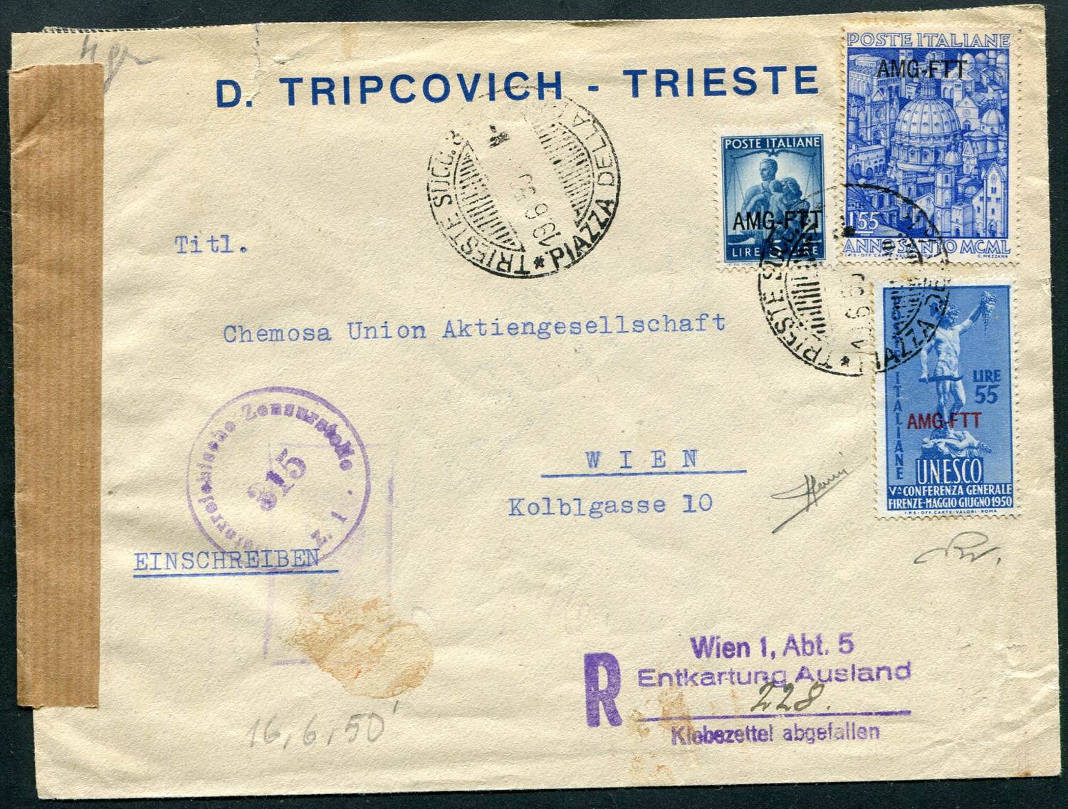 Storia Postale - 1950 Trieste A - Raccomandata ... - Filatelia  Quattrobajocchi Aste Filatelia, image size:1500x1136