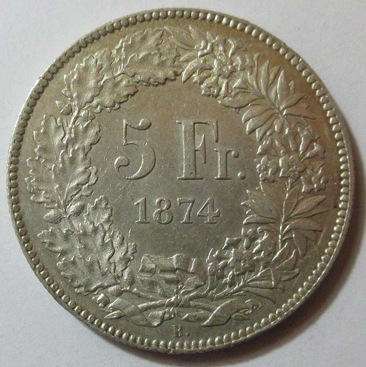 1874 Svizzera, franchi 5 B. ... 