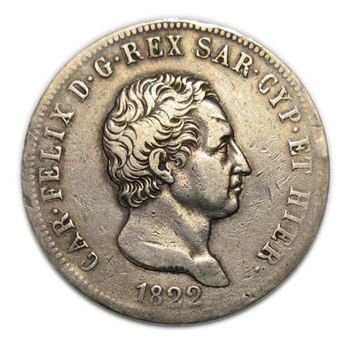 Carlo Felice - 1822 - 5 lire. Ag. ... 