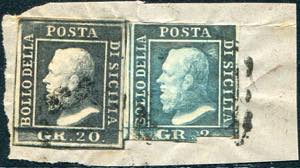 1859 - Fragment with 2 gr. blue, defective, ... 