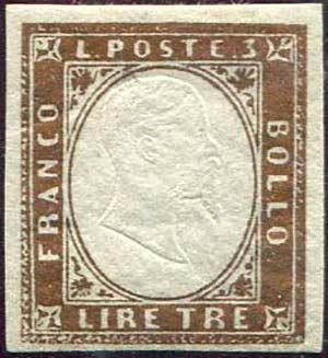 1861 Sardegna, IV emissione, lire 3 rame ... 