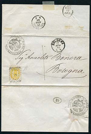 1869 Lettera da Bologna per città, tassata ... 