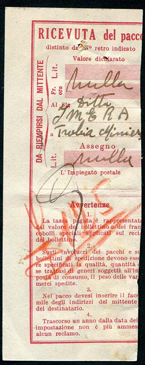 1947 Ricevuta di pacco postale per £117,50 ... 
