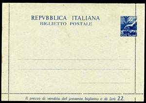 1946 Biglietto postale, ﾣ20, n. B43 blu, ... 