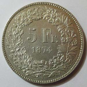 1874 Svizzera, franchi 5 B. (Brussels), ... 