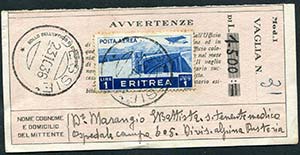 1936 Eritrea ﾣ1 P.A. n.21 su ricevuta di ... 