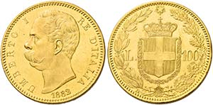 Monete d’oro europee.  Italia.  Umerto I ... 