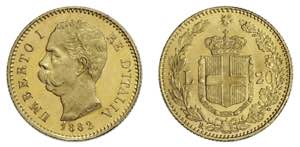 UMBERTO I (1878-1900)    20 Lire 1882, oro ... 