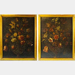 Coppia di dipinti ad olio su tela“Vaso con ... 