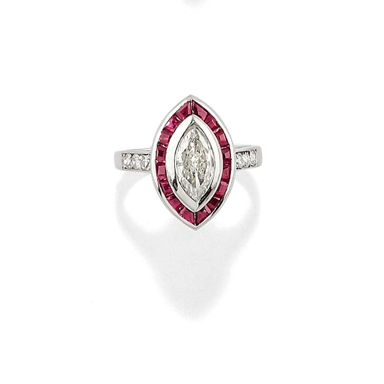 A 18K white gold, diamond and ruby ... 