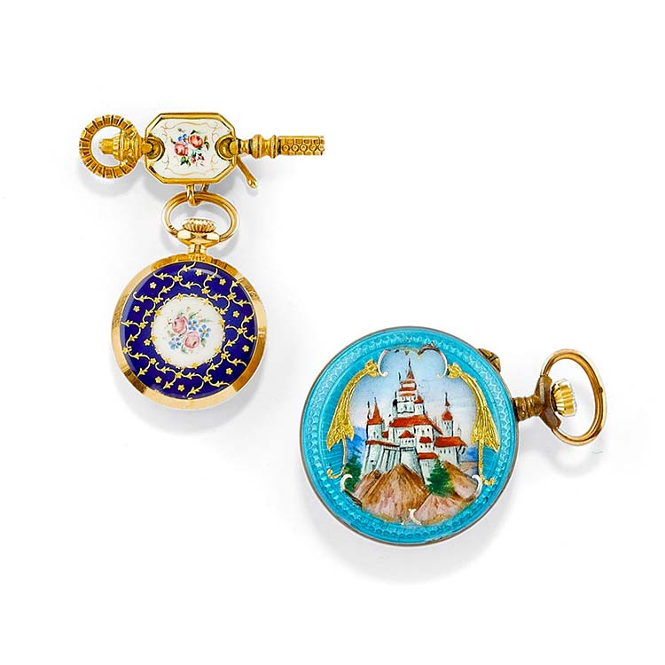 Two 18K yellow gold and enamel ... 