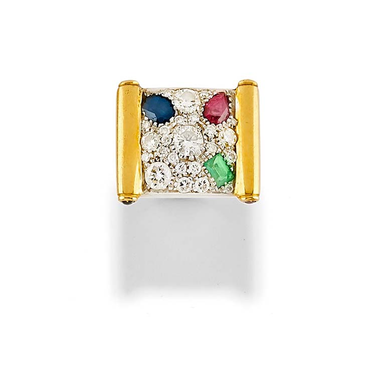 A 18K yellow gold, ruby, emerald, ... 