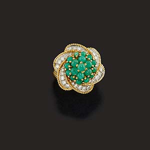 A 18K yellow gold, emerald and diamond ... 