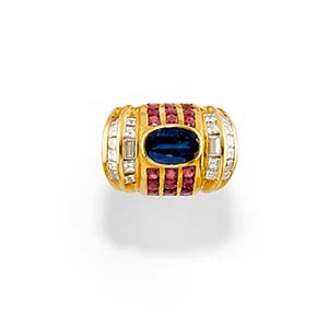 A 18K yellow gold, sapphire, ruby and ... 