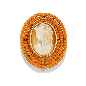 A 18K yellow gold, coral and cameo ... 