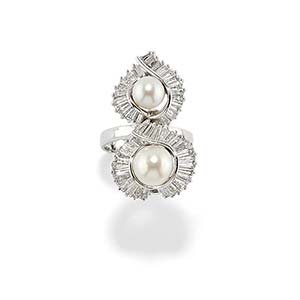 A 18K white gold, cultured pearl and diamond ... 