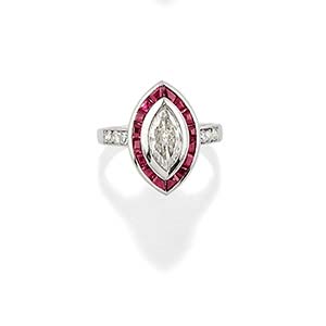 A 18K white gold, diamond and ruby ring, ... 