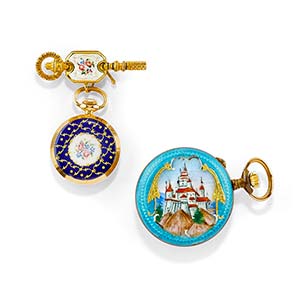 Two 18K yellow gold and enamel pocket ... 