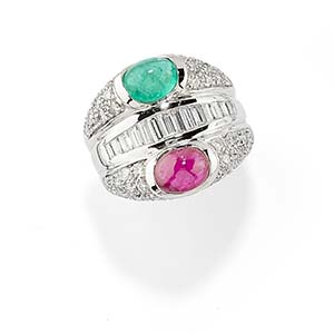 A 18K white gold, diamond, ruby and emerald ... 