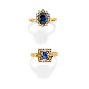 Two 18K yellow gold, sapphire and diamond ... 