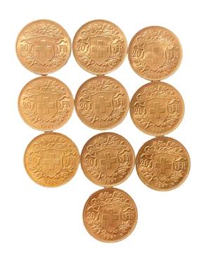 SVIZZERA - Lotto di 10 monete da 20 Franchi ... 