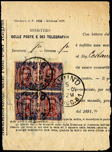 1901 - 5 lire carminio e azzurro ... 