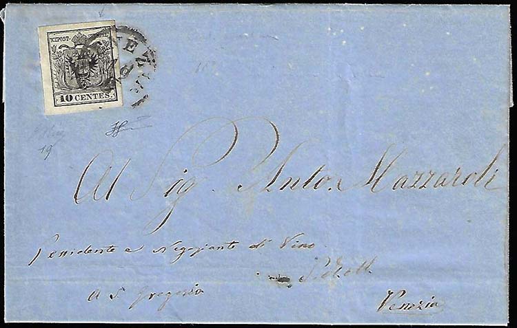 1858 - 10 cent. nero, carta a ... 
