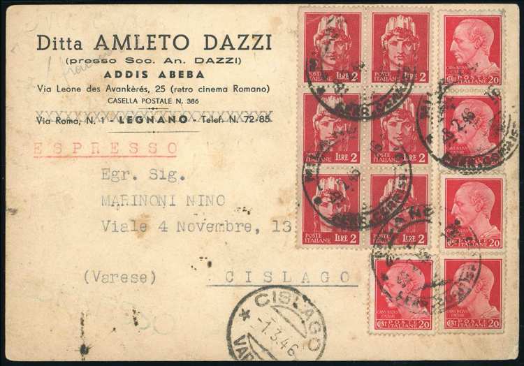 1946 - 2 lire, blocco di sei, 20 ... 