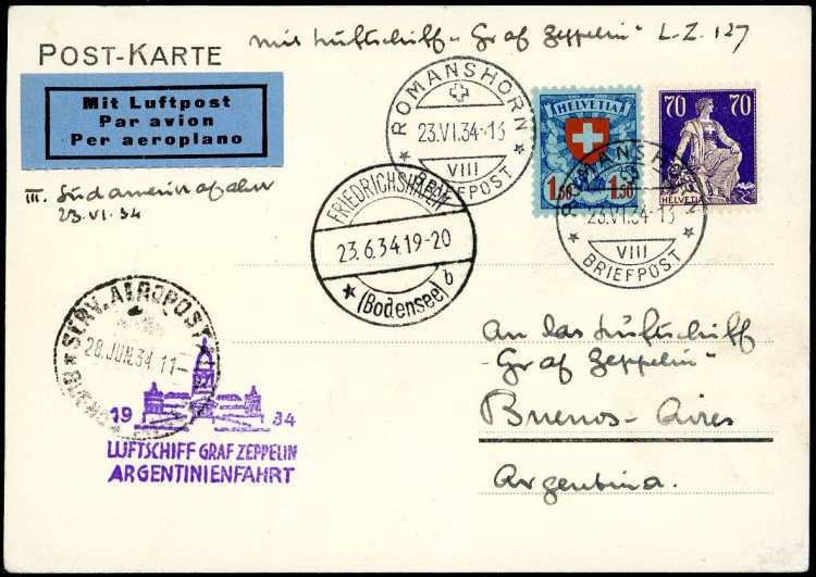 SVIZZERA POSTA AEREA 1934 ZEPPELIN ... 