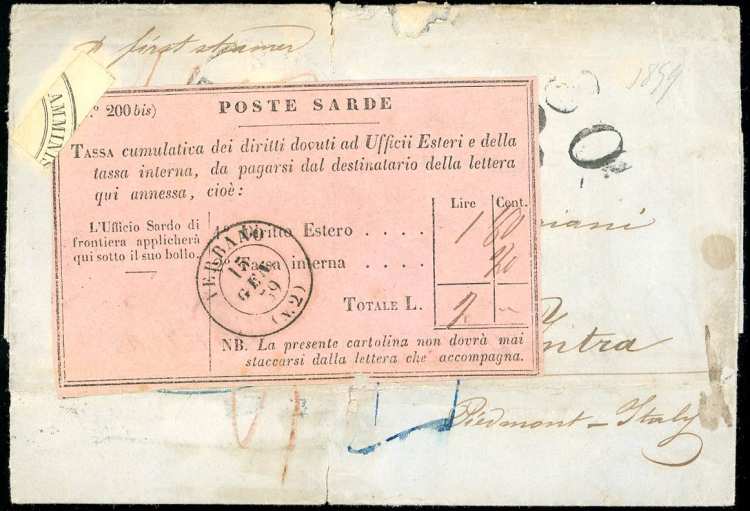 1859 - Lettera non affrancata da ... 