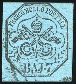 1852 - 7 baj azzurro, filigrana di ... 