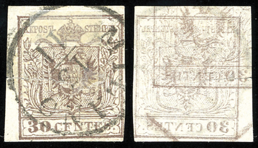 1850 - 30 cent. bruno, I tipo (7), ... 