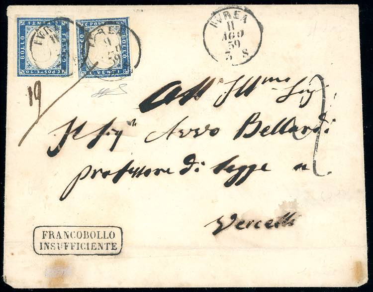 1859 - 20 cent. azzurro scuro, due ... 