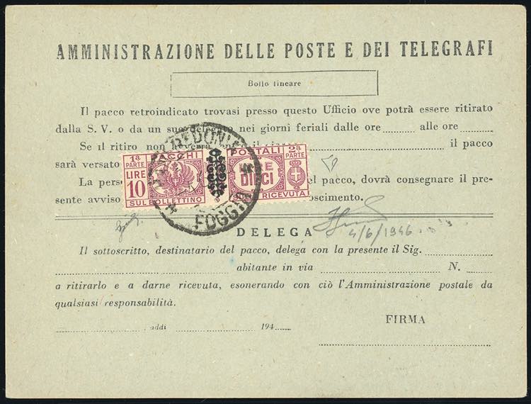 PACCHI POSTALI1946 - 10 lire lilla ... 