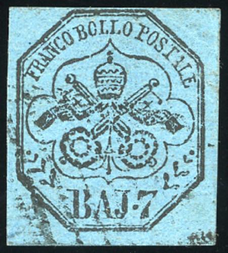 1852 - 7 baj azzurro, filigrana di ... 