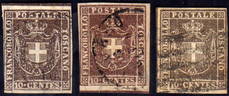 1860 - 10 cent., tre esemplari, ... 