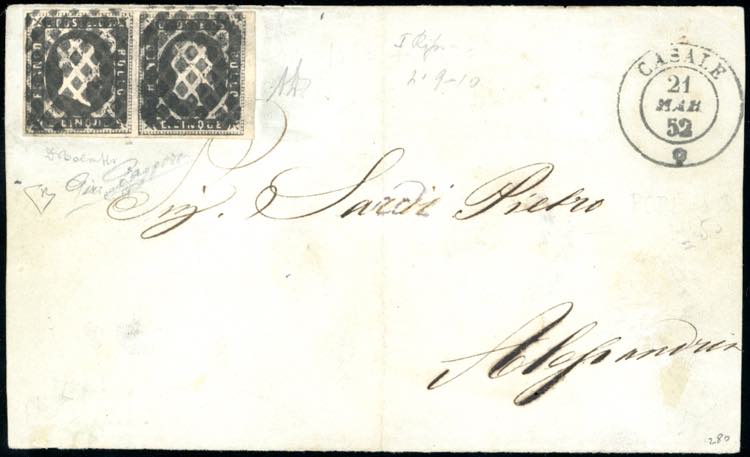 1852 - 5 cent. nero (1), coppia ... 