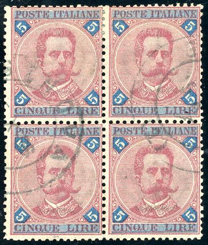 1891 - 5 lire carminio e azzurro ... 