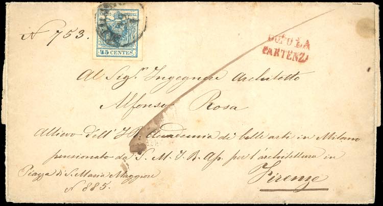 1858 - 45 cent. azzurro, III tipo, ... 