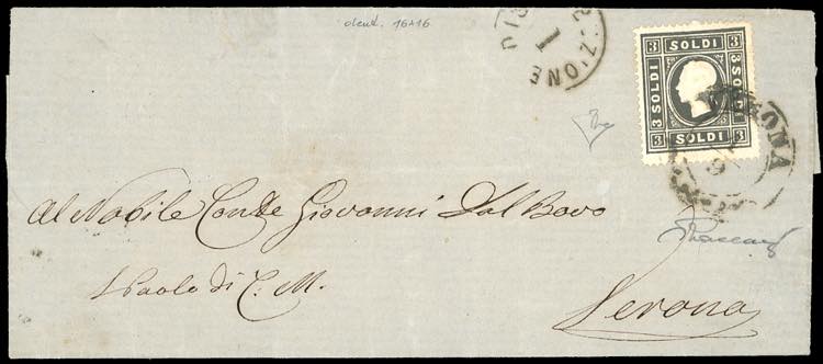 1859 - 3 soldi nero, I tipo, dent. ... 