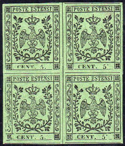 1855 - 5 cent. verde oliva, blocco ... 