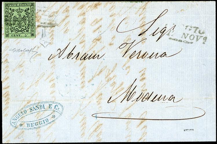 1857 - 5 cent. verde oliva, errore ... 